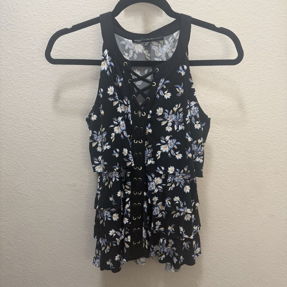 White House Black Market Women Cami Black Blue Floral Teared Layered XXS